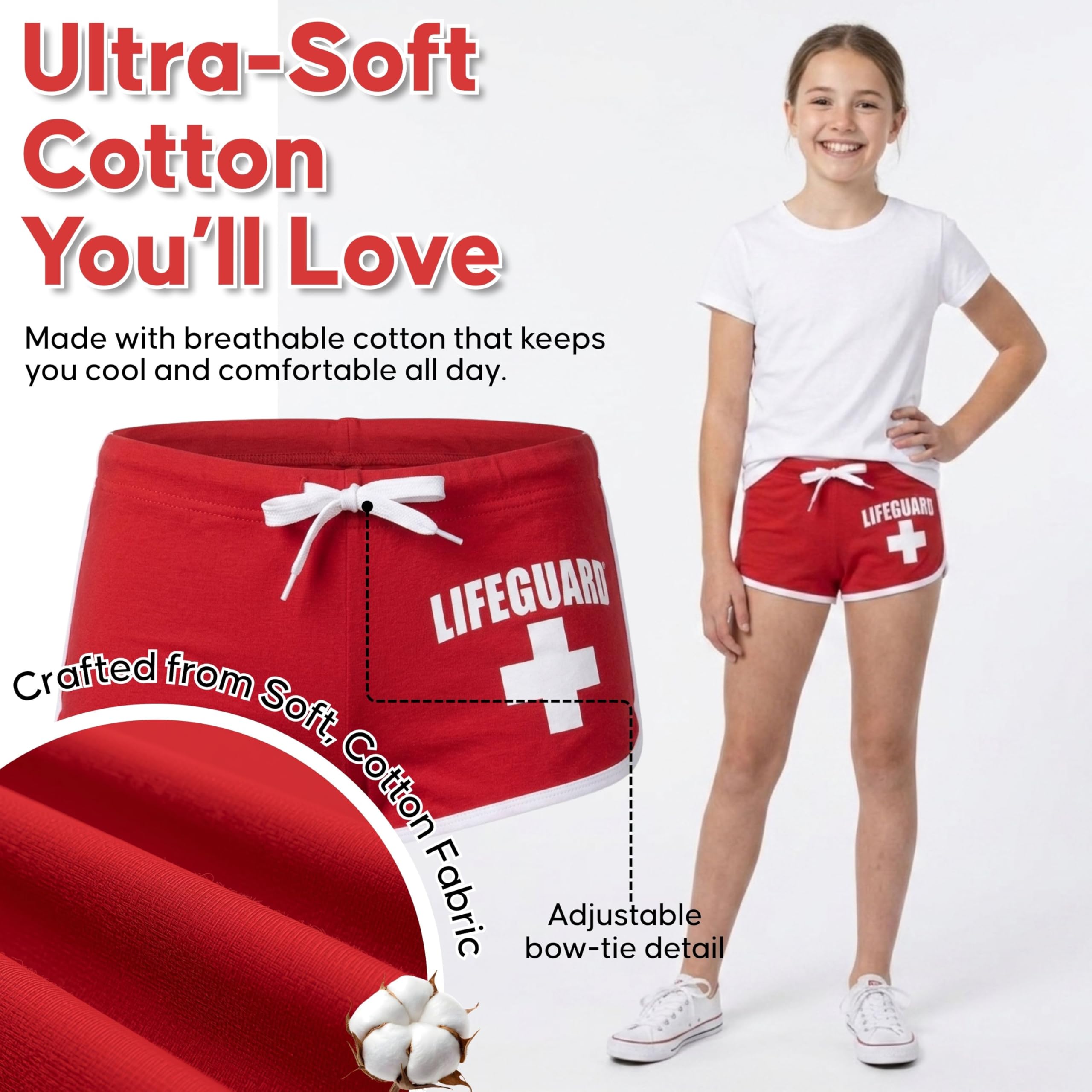 LIFEGUARD Girls Kids Officially Licensed Hi-Cut Short Red and White Soft Cotton Material - Image 6